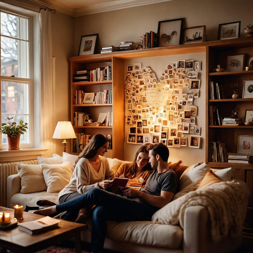 A warm, intimate scene of a couple sharing a tender moment in a cozy living room filled with soft light. Surround them with thoughtful items like love letters, a heart-shaped picture frame, and a cup of tea. Include a decorative bookshelf filled with romance novels in the background. Infuse elements of warmth and connection to evoke feelings of love and trust. super-realistic. warm colors. cozy atmosphere.