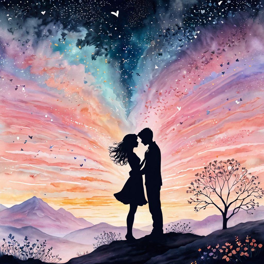 A whimsical illustration of two silhouetted figures reaching for each other amidst a dreamy, starlit sky, surrounded by hearts and a gentle glow. Soft pastel colors blend harmoniously, creating a warm and inviting atmosphere. Add delicate floral elements weaving through the scene to symbolize love and connection. Include subtle hints of handwritten love notes scattered throughout the design. painting. vibrant colors. enchanting details.