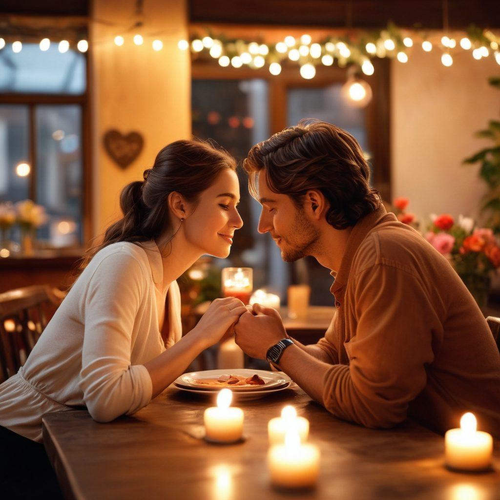 A warm, intimate scene of a couple sharing a romantic moment in a cozy cafe, surrounded by soft lighting and heart-shaped decorations. Include subtle symbols of love like intertwined hands and a shared dessert to represent bond building. Romantic ambiance with a soft-focus background of flickering candles and flowers, evoking feelings of connection and commitment. super-realistic. warm colors. soft-focus.